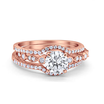 Trio Set Three Piece Wedding Ring Round Rose Tone, Simulated Cubic Zirconia 925 Sterling Silver